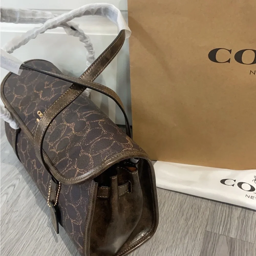 Coach Dark Brown Signature Canvas Shoulder Bag with Gold Logo